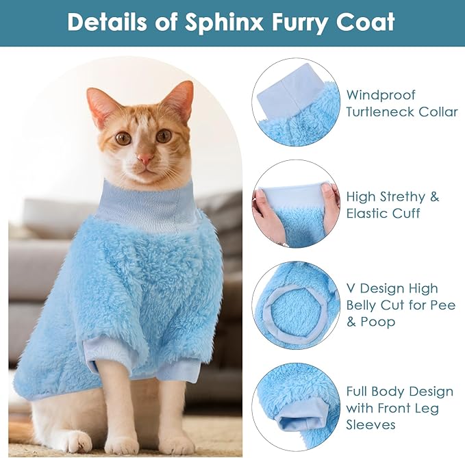 Sphynx Cat Sweater, Hairless Cats Turtleneck Pullover Kitten Sweaters for Cats Only, Warm and Soft Cat Pajamas Shirt with Sleeves Pet Winter Clothes Fleece Jumpsuit for Puppy, Blue L