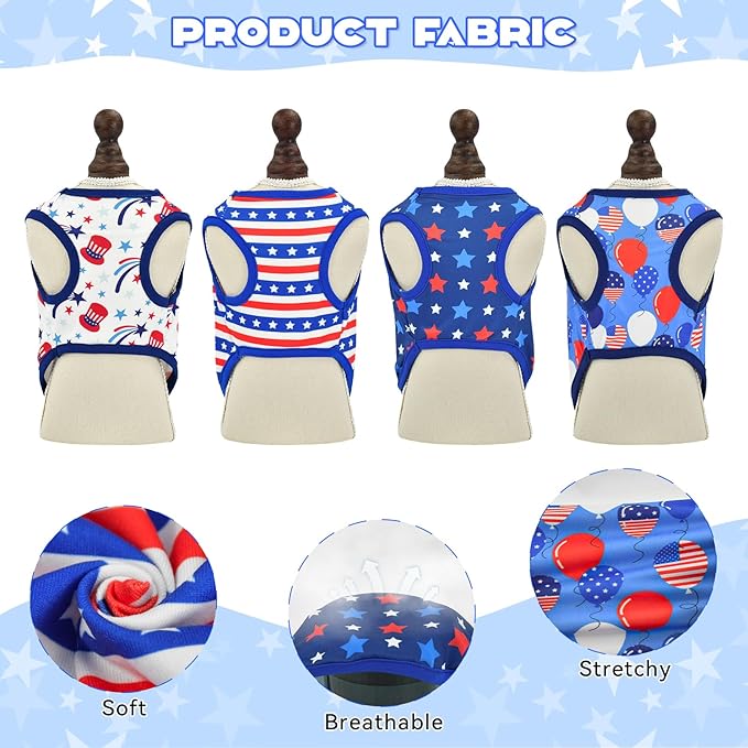 4-Pack Patriotic Dog Tank Tops 4th of July USA Flag Star Stripe Puppy Sleeveless Outfits America 250th Anniversary Pet Shirts for Small Medium Puppy Dogs Cats L