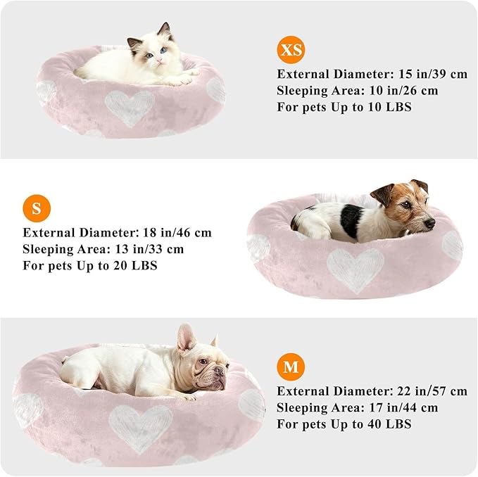 Valentine's Day Pink Heart Donut Pet Bed, Fluffy Cat Bed for Cats for Medium Sized Pets, Dog Supplies and Furniture