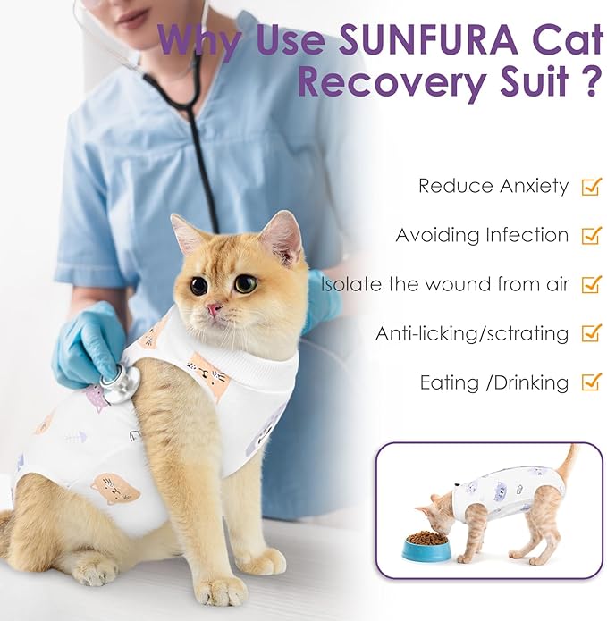 Cat Recovery Suit, Kitten Surgical Full Bodysuit for Abdominal Wound Protector Anti Licking After Surgery, Professional Bandages Cone E-Collar Alternative for Small Male & Female Pets