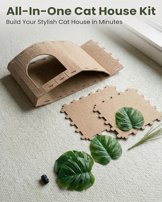 Cat Houses for Indoor Cats with Decorative Plants, Hidden Indoor Cat Bed Cave, Cozy Felt Design, Strong Scratch-Resistant Capacity, Hideaway Cat Condo, Ideal for Home Decor, Dark Camel