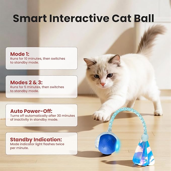 Cat Toys, Cat Toys for Indoor Cats, Cat Toys Interactive, 360° Rotating Automatic Interactive Cat Ball with Smart Activation, LED Light, Type-C Rechargeable, 3 Replaceable Dragonfly Tails, Bored(Blue)