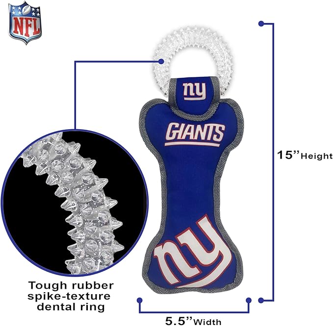 Pets First NFL New York Giants Dental Dog TUG Toy with Squeaker. Tough PET Toy for Healthy Fun, Teething & Cleaning Pet's Teeth & Gum., Team Color, one Size (NYG-3310)