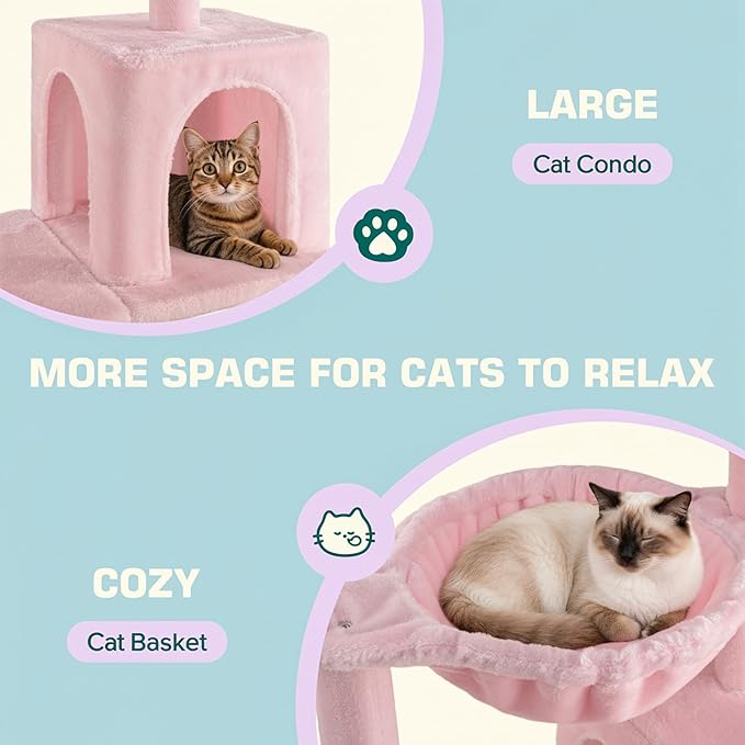 Allewie 29.5in Indoor Cat Tree, Multi-Level Cat Tower with Sisal Scratching Posts, Padded Perch, Basket, Condo, and Hanging Ball, Suitable for Kittens and Adult Felines, Pink