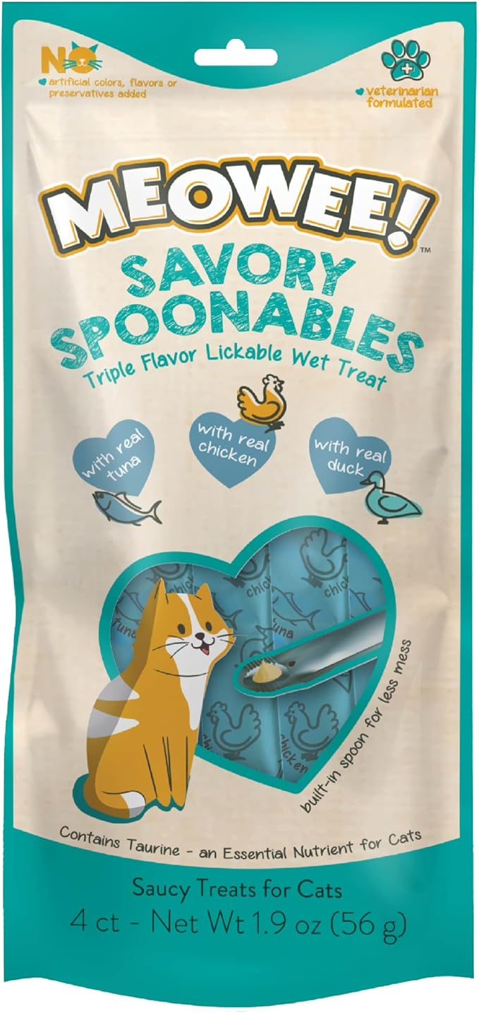MEOWEE! Savory Spoonables with Real Tuna, Chicken & Duck, 4 Count Tube, Triple Flavor Squeezable Lickable Wet Treats for Cats with Built-in Spoon for Less Mess