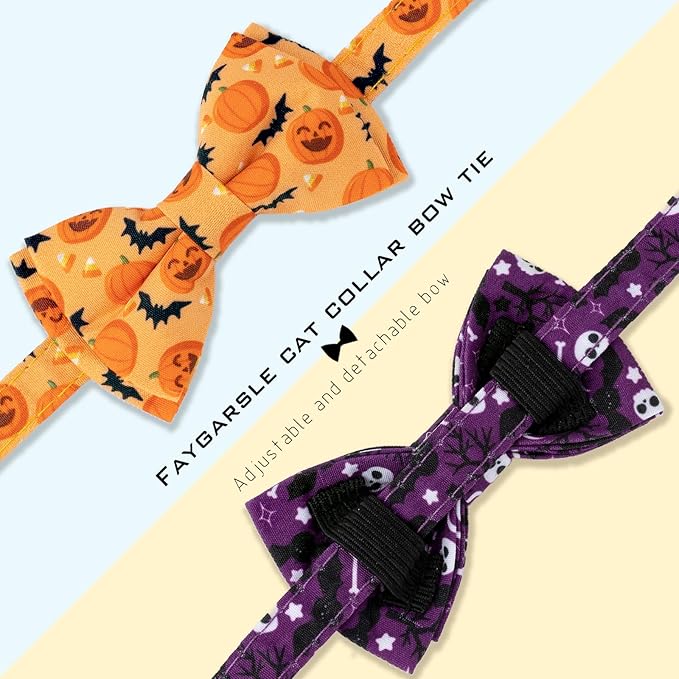 Faygarsle 2 Pack Halloween Cat Collar with Bow Tie and Bell, Breakaway Safety Buckle, Purple Skull Bat and Orange Pumpkin Pattern