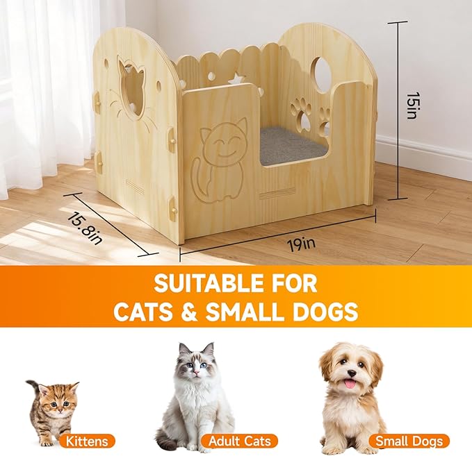 Solid Wooden Semi-Enclosed Cat Bed with Cartoon Carving Craft, Space-Saving for Small Apartments, Studios & Rental Homes, Modern Nordic Cat Furniture for Indoor Cats & Kittens