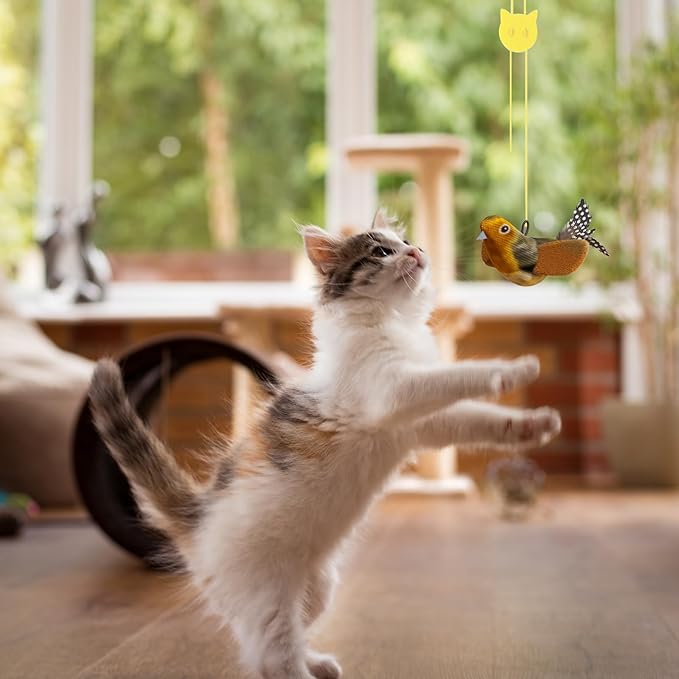 Andiker Chirping Bird Cat Toy, Simulated Bird Shape Catnip Cat Toy for Cats with Elastic Hanging Rope Lightweight Interactive Cat Toy for Indoor Cats Kittens Chewing Biting Fetching (Brown)