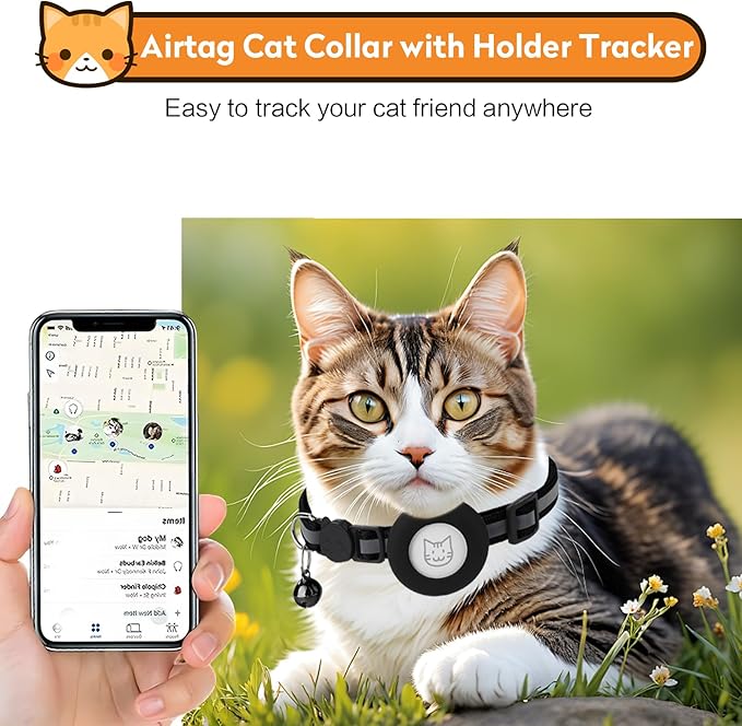 Airtag Cat Collar with Bell, Reflective Nylon Kitten Collar with Apple Air Tag Holder and Breakaway Safety Buckle for Puppy Girl Boy Cats, 3/8" in Width and Lightweight, Blue