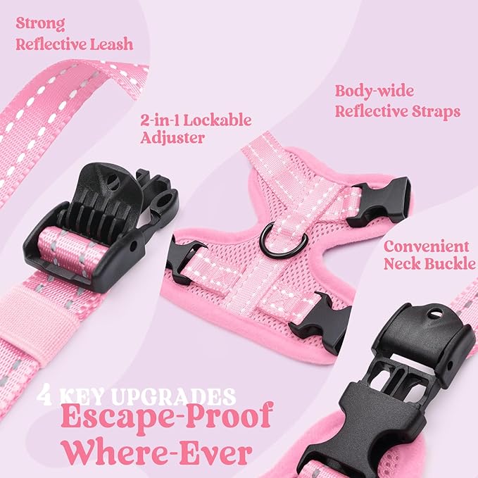 rabbitgoo Cat Harness and Leash, Escape Proof Vest with 3 Adjustable Buckles, Soft Comfortable Kitten Harness, Easy to Wear, Reflective for Safe Outdoor Walking, Medium, Pink