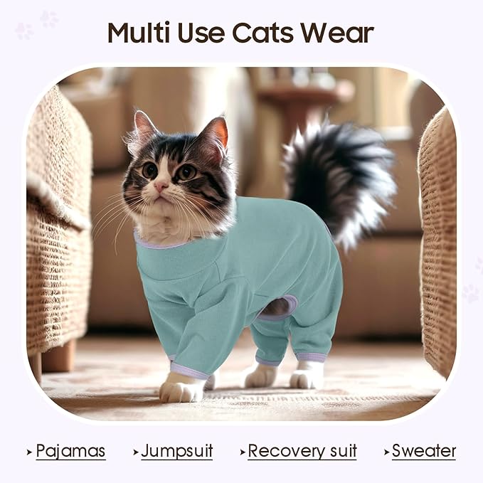 DENTRUN Cat Clothes for Hair Control with Hair Sticky Fabric - Soft Recovery Suit & Breathable Lint-Resistant Cat Sweater for Cats Only, Kitten Onesie Pajamas, XL, Bean Green