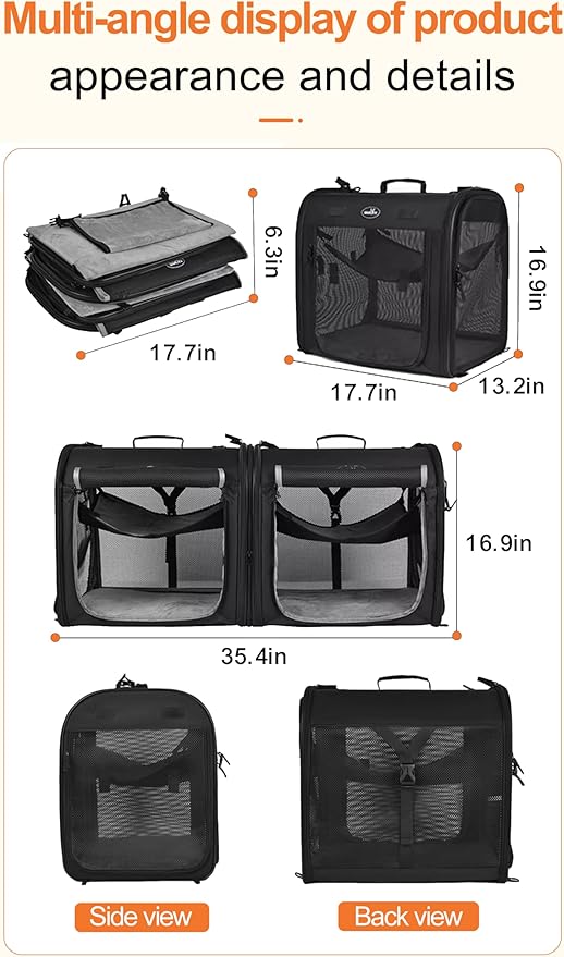 2-in-1 Cat Carrier for 2 Cats, Foldable Double Cat Carrier,Two Pets Carrier for Outdoor Travel with Secure Zipper Locks