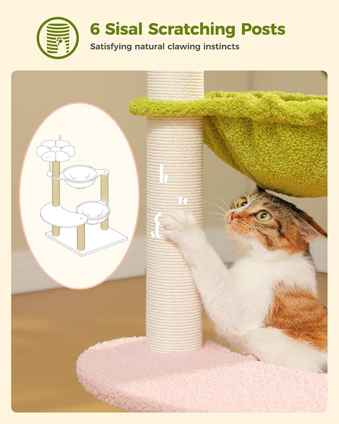 MUTTROS Flower Cat Tree with 2 Large Hammocks, 37.4" Small Cat Tower for Indoor Kitty with 6 Scratching Posts, Cute Cat Tree with Flower Top Perch, Pink