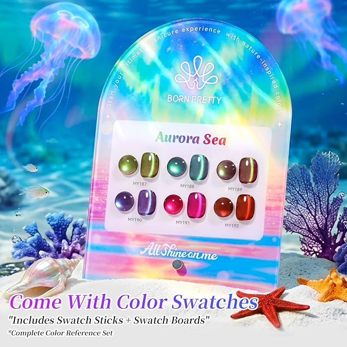 Born Pretty 15ML Spring Summer Cat Magnetic Eye Gel Nail Polish Set, 6 Colors Green Sea Blue Purple Bright Pink Burgundy Glitter Auroras Magnetic Gel Polish Jellyfish Effect 0.5 Fl.Oz