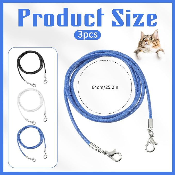 3 Pieces Replacement Strings for Cat Wand Toy, 25 Inch Long String Cat Toy Wire Kitten Wand Toy Refill Wires with Lobster Clasps for All Lures (White, Black, Blue)