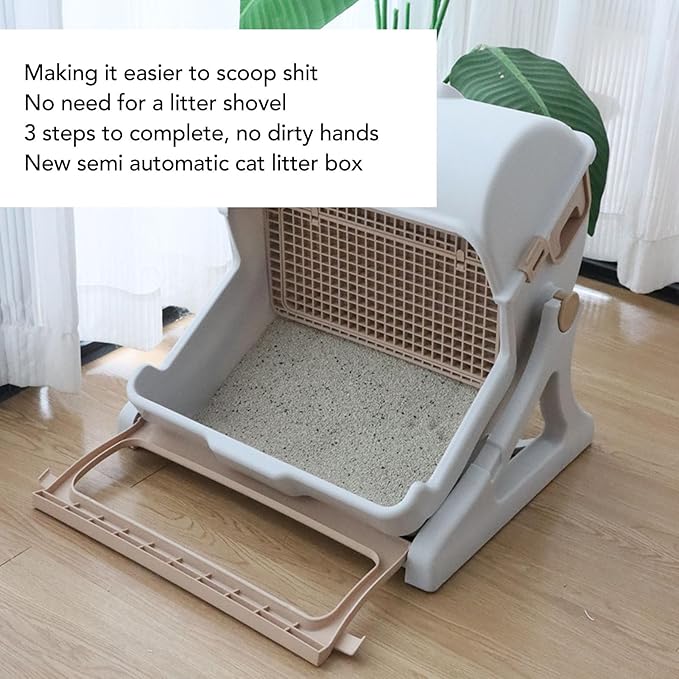 Semi Automatic Cat Litter Box, 20in Large Capacity Plastic Semi Enclosed Cat Litter Box with Safe Protection, Low Noise Smart Cat Toilet Box for Multiple Cats