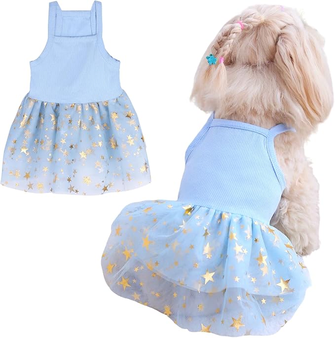 Dog Tutu Dress Cat Dogs Summer Tulle Slip Lace Dress Cute Puppy Glitter Star Skirt Pet Party Clothes for Small Medium Cat Dog (Blue, Medium)