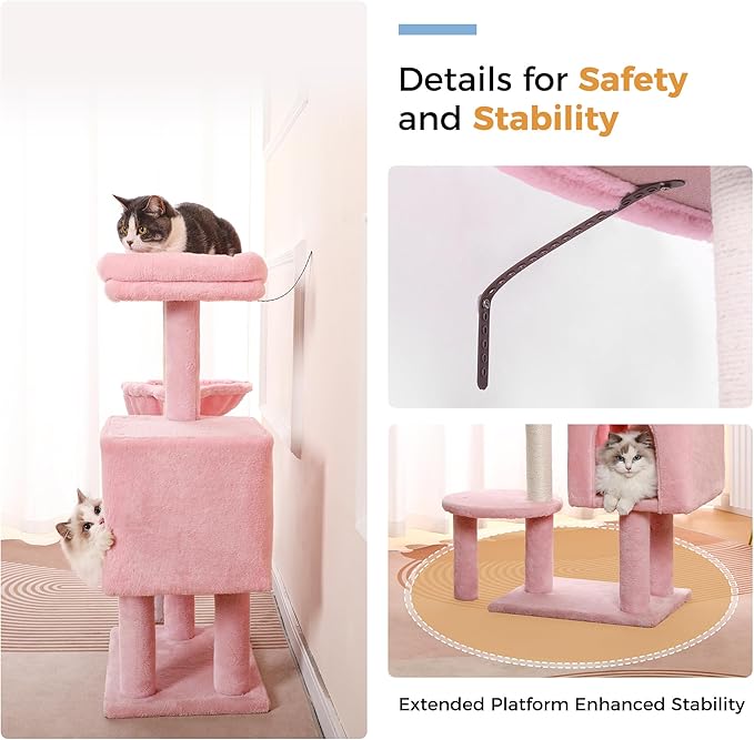 Small Cat Tree Pink Cat Tower with 32 Inches Scratching Post with Cats Condo House, Cozy Hammock and Removable Top Bed and Dangling Ball for Indoor Cats-34” Pink