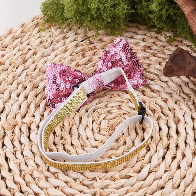 Pink Sequin Bow Tie for Pet Cat Dog Bow Ties for Dogs Cats Pets Pink Accessories for Pet Cat Dog Sequin Bowtie for Dogs Cats Adjustable Bow Tie for Dog Cat Sparkly Bowtie for Puppy Kitten