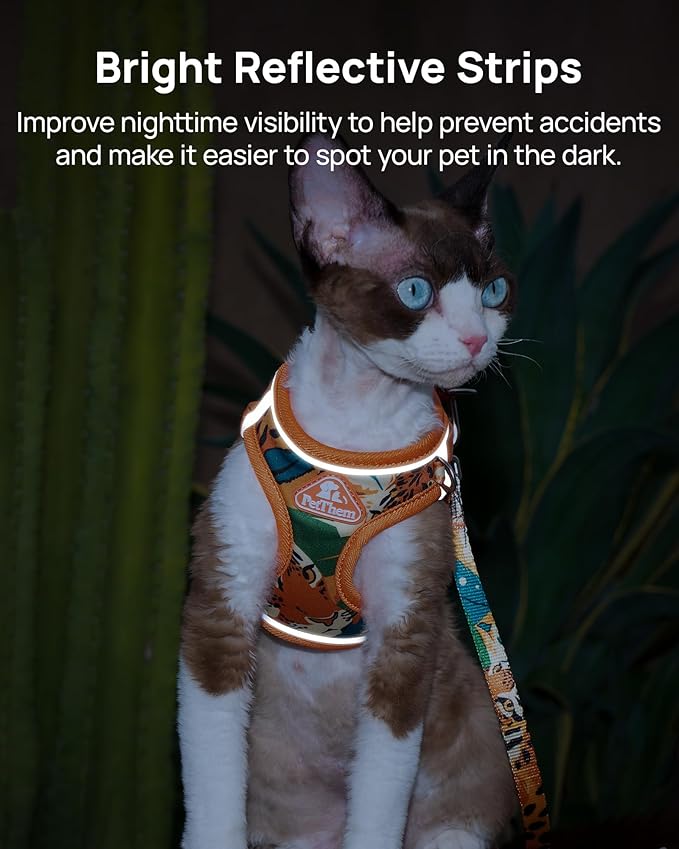 PetThem Upgraded Cat Harness and Leash Set - Step-in Escape Proof Adjustable Cat Harness, Comfortable Soft Lightweight, Reflective Harness for Walking, Travel, Camping (King of The Jungle, XS)