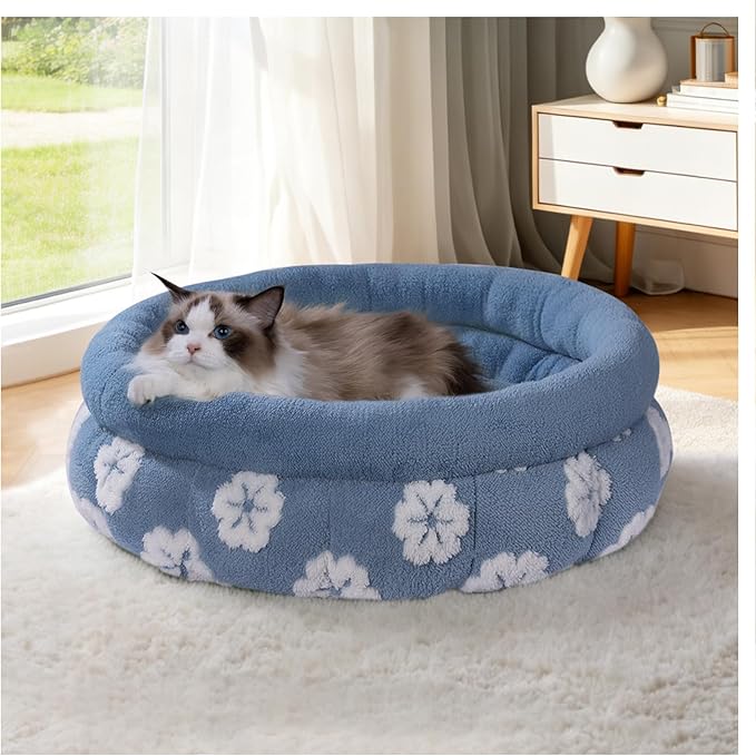 BALANCE Cat Beds for Indoor Cats, Washable Round Cat Bed, Cute 3D Flower Kitten Bed with Anti-Slip Bottom for Puppy and Kitten, 23 Inches, Blue