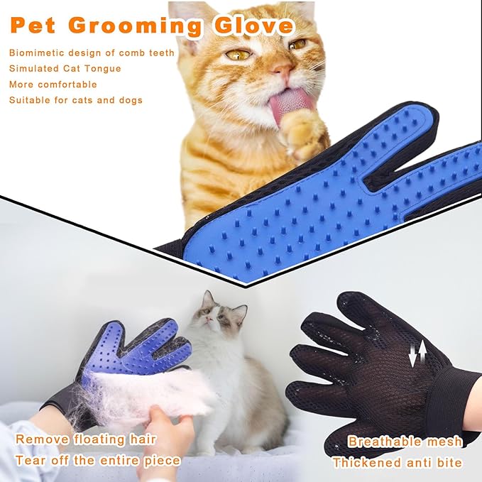 2-Piece Pet Hair Removal & Grooming Kit: Static Hair Remover Glove for Furniture, Carpet, Couch + Gentle Pet Grooming Glove for Cats & Dogs