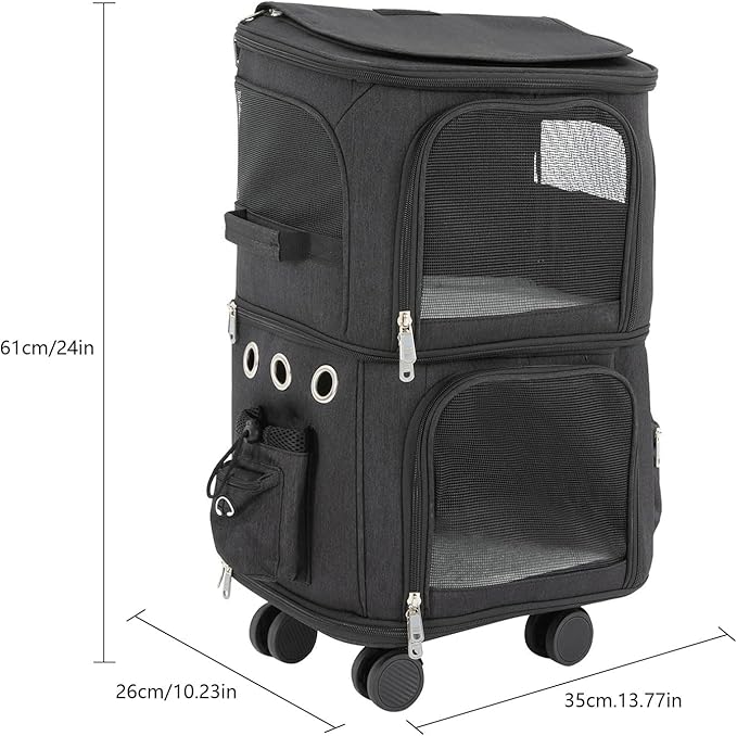 Double-Compartment Pet Carrier Backpack with Wheels for Small Cats and Dogs, Cat Rolling Carrier for 2 Cats, Perfect for Traveling/Taking a Walk/Trips to The Vet,for Up to 22 LBS (Black)