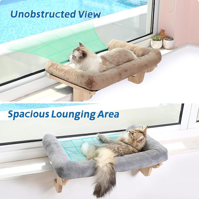 Zakkart Cat Perch for Window Sill with Bolster - Orthopedic Hammock Design with Premium Hardwood & Robust Metal Frame - Cat Window Seat for Large Cats - Natural Color Wood Brown Bed, 26.4''W