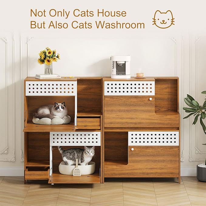 2 in 1 Cat Litter Box Enclosure Furniture, Double Hidden Litter Box Cabinet with Storage Shelf, Space Saving Wooden Cat House End Table for Indoor Use, Brown Natural,Brown