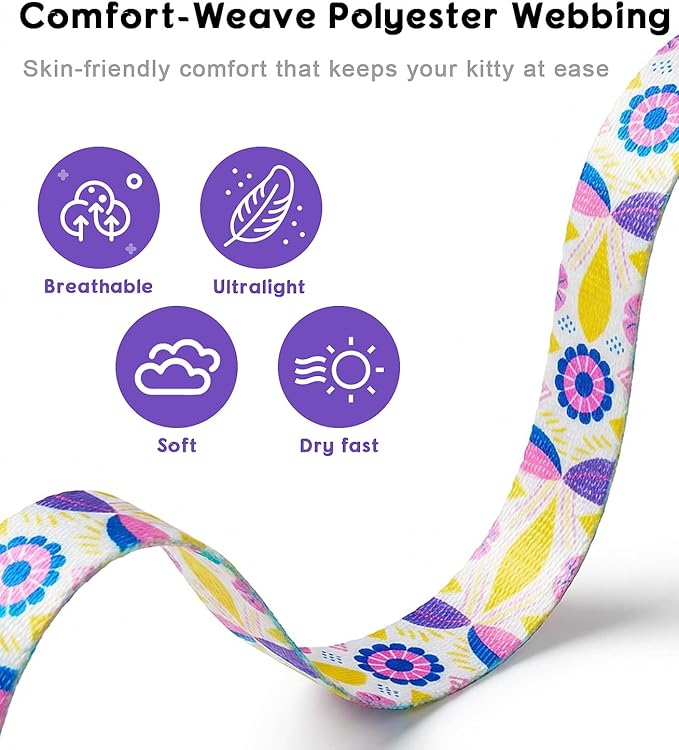Halypet Cat Harness and Leash Set, Escape Proof 3-in-1 Adjustable Harness for Cats & Kitten, Soft Lightweight, Easy On & Control for Walking, Travel & Outdoor Use, Pastel Floral, Medium