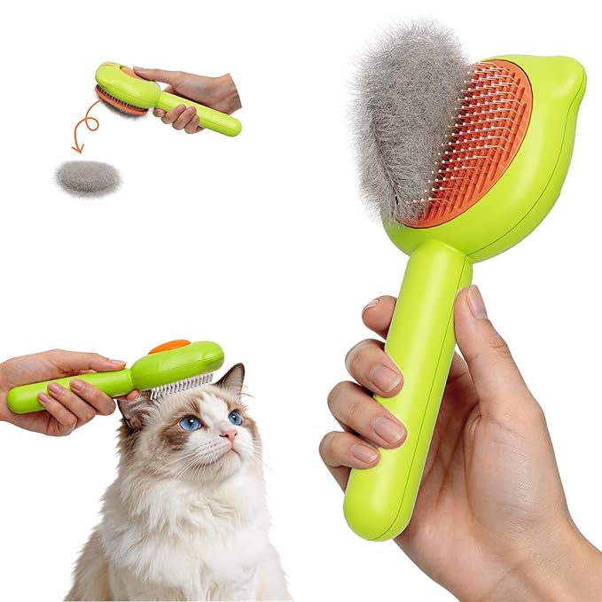 Cat Brush for Shedding, Self Cleaning Pet Hair Brush with Release Button, Cat & Dog Grooming Brush for Long or Short Haired Pets, Removes Loose Fur (Green)
