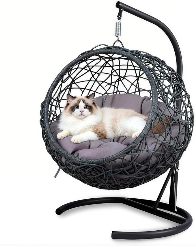 Hanging Cat Swing Bed with Stand & Cushion – Rattan Wicker Egg Chair for Cats, Small Dogs & Pets, Indoor Swinging Bed, Cozy Resting Spot, Modern Design (Gray+ HDPE)