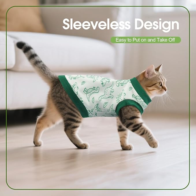 XX-Large Sphynx Hairless Cat Clothes with Dinosaur Print, Pullover Kitten T-Shirts Vest, Sleeveless Bodysuit Cat Pajamas Jumpsuit, Breathable Daily Wear Clothes for Cats