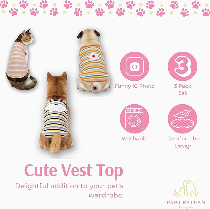 3-Pack Pet Cotton Sleeveless Top Striped Vest Top Soft Breathable Puppy Tank Top Cat Tee Dog Sleeves Top (Large)