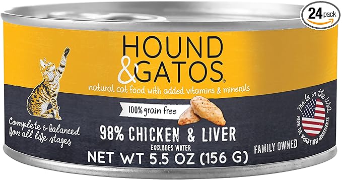 Hound & Gatos Chicken Wet Cat Food, Single Protein, 98% Real Meat Formula, Grain Free Limited Ingredient Cat Food, 5.5 oz Cans (Pack of 24)