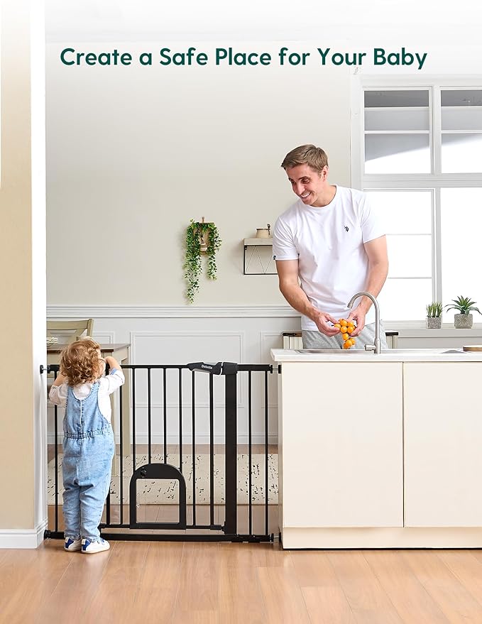 Babelio 36" Tall Upgraded Baby Gate with Cat Door,29-43" Auto Close Durable Dog Gate for Stairs,Doorways and House,Easy Walk Thru,Includes 4 Wall Cups,Black