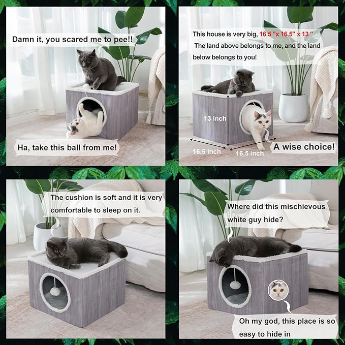 Cat Condo House with Reversible Cushions and Fluffy Ball Hanging, Foldable Cube, Large Cave Bed for Indoor Cats Kittens, Grey Wood Grain Pattern
