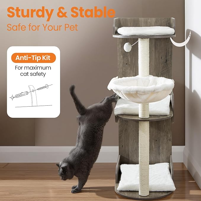 Modern Wood Cat Tree Tower for Indoor Large Cats, Cat Scratching Posts with Big Perch Bed, 44.8" Tall Multi-Level Wooden Cat Condo with Hammock, Removable Pads, Kitty Furniture, Greigy