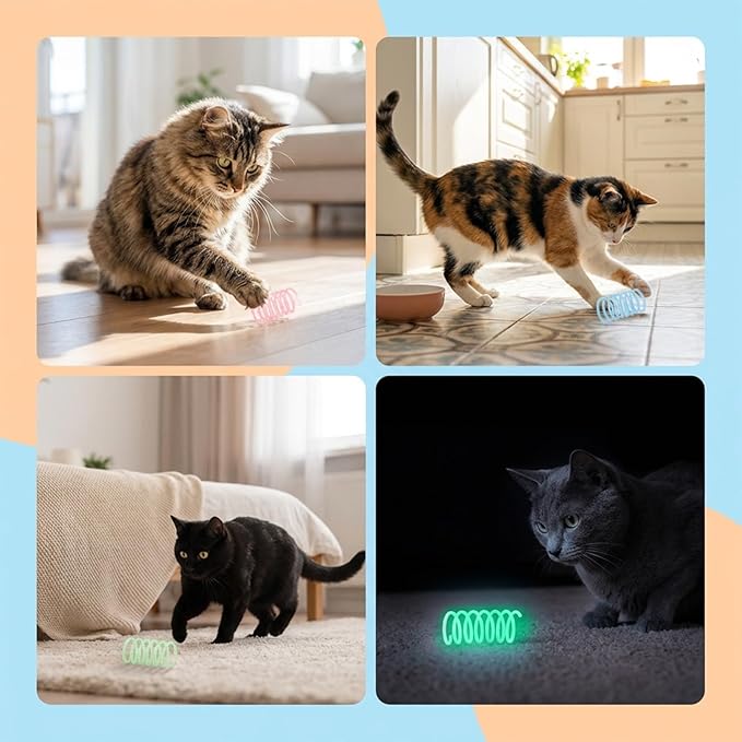 Xthrotsenk 16 Pcs Cat Spring Toy, Cat Springs Glow in The Dark Colorful Springs Self-Play Cats Toys for Indoor Cats Cat-Spring Large Wide Colorful Spring for Swatting Chase and Exercise