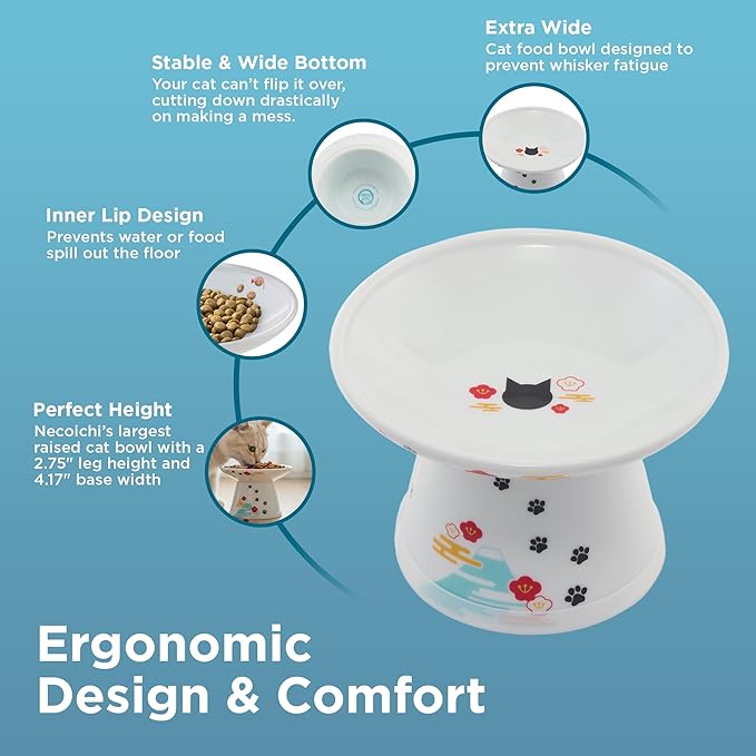 Necoichi Raised Cat Food Bowl – Ceramic Elevated Cat Bowl for Whisker & Neck Fatigue, Dishwasher Microwave Safe – Non-Slip & Anti Vomiting Ergonomic Design (Fuji, Extra Wide, 2-Cups Capacity).