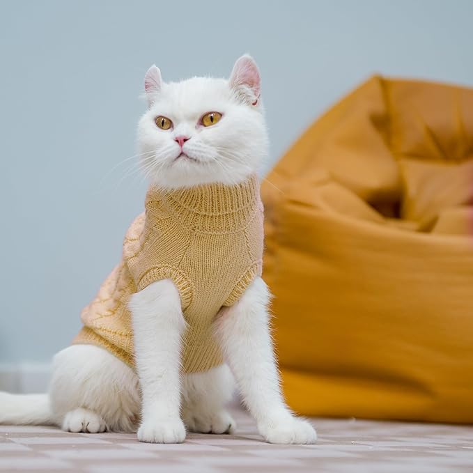 PUPTECK Winter Cat Sweater Coat - Soft Warm Cold Weather Clothes Knitwear for Kittens & Small Dogs Indoor Outdoor Wearing, Knitted Classic for Doggies Kitties Girls Boys, Beige, L