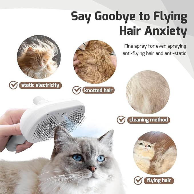 Pecait Cat Steam Brush for Shedding, 3 In 1 Steam Cat Brush Self Cleaning, Dog Brush for Long and Short Hair Dogs and Cats, Pet Grooming Comb Remove Tangled Loose Hair, Type-C Fast Charging (White)