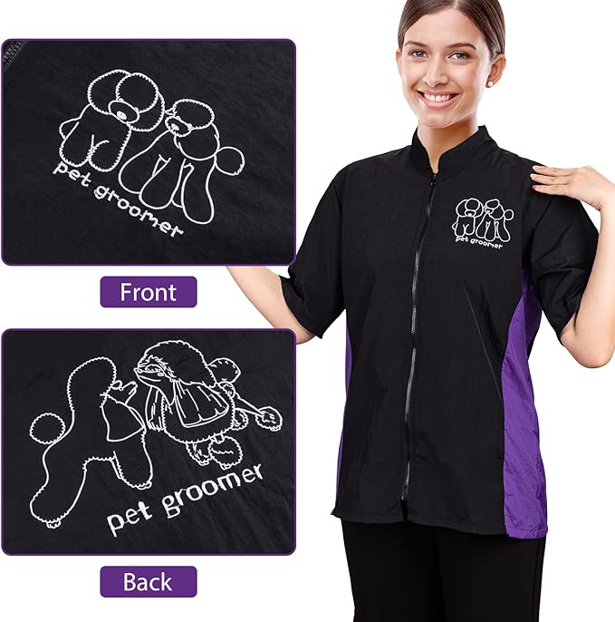 Noverlife Pet Grooming Workwear with Full Zipper, M Size, Anti-Static Pet Beautician Uniforms, Lightweight Hair Repellent Shirt Style Pet Groomer Smock for Dog Cat Grooming Shop