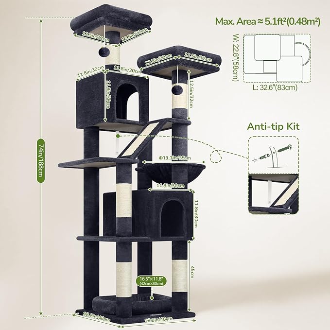 Globlazer 74in Heavy Duty Cat Tree for Large Indoor Cats, Multi-Level Cat Tower with Scratching Post, Cat Condos with Climbing Ladder, Hammock, Extra Large Top Perches, Pet Bed, F74D, Dark Grey