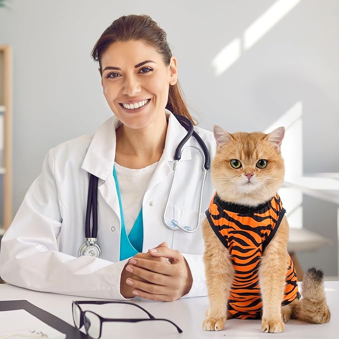 Avont Cat Recovery Suit - Kitten Onesie for Cats After Surgery, Cone of Shame Alternative Surgical Spay Suit for Female Cat, Post-Surgery or Skin Diseases Protection -Tiger(S)