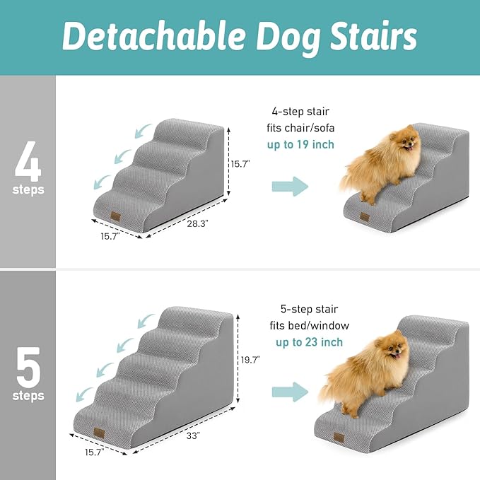 COZY KISS Dog Stairs for Small Dogs 19.7" H, 5-Step Sturdy Foam Dog Steps for Couch, Bed or Sofa, Curved Pet Stairs for Puppy and Older Cat, Doggie Ladder with Washable Cover, 15.7x33x19.7 inch, Gray