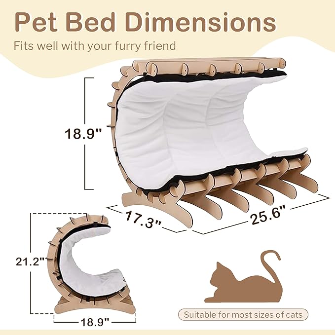 Jerry & Maggie Cat Hammock Bed for Cat Lounger, Wood Cat Beds for Indoor Cats, Cute Kitty House Furniture Toy with Soft Cozy Washable Removable Seat for Sleeping Playing and Lounging, C Shape