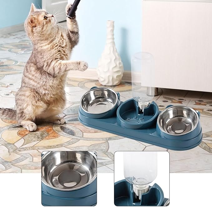 Elevated Double Bowl Pet Feeders with Automatic Water Dispenser Antislip Base for Dog Cats Daily Feeding Watering Supply Automatic Water Dispenser Pet Bowl