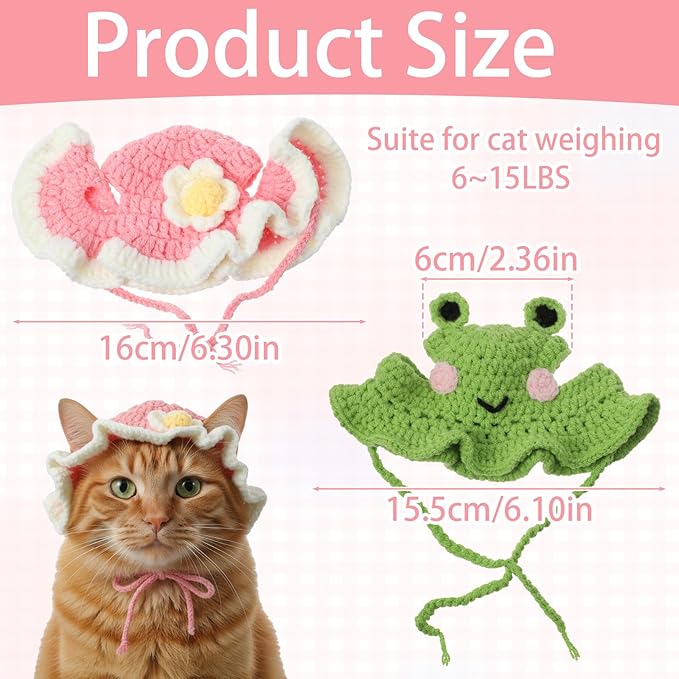 Nogeqi 2 Pcs Cat Hats for Cats Only, Cute Frog Cat Hats, Knitted Hat for Cat, Birthday Party Puppy Hat for Small Pets(Frog Flower)