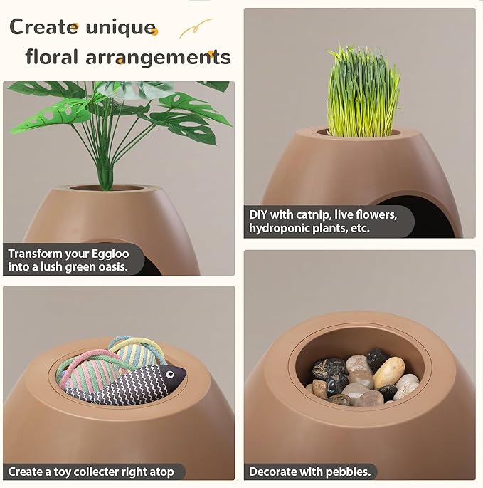 Eggloa6 Hidden Cat Litter Box with Artificial Plants - Egg-Shaped Enclosure Includes Scoop, Discreet Furniture for Home Decor, DIY Assembly Cat Litter Box Cabinet for Living Room (Coffee)